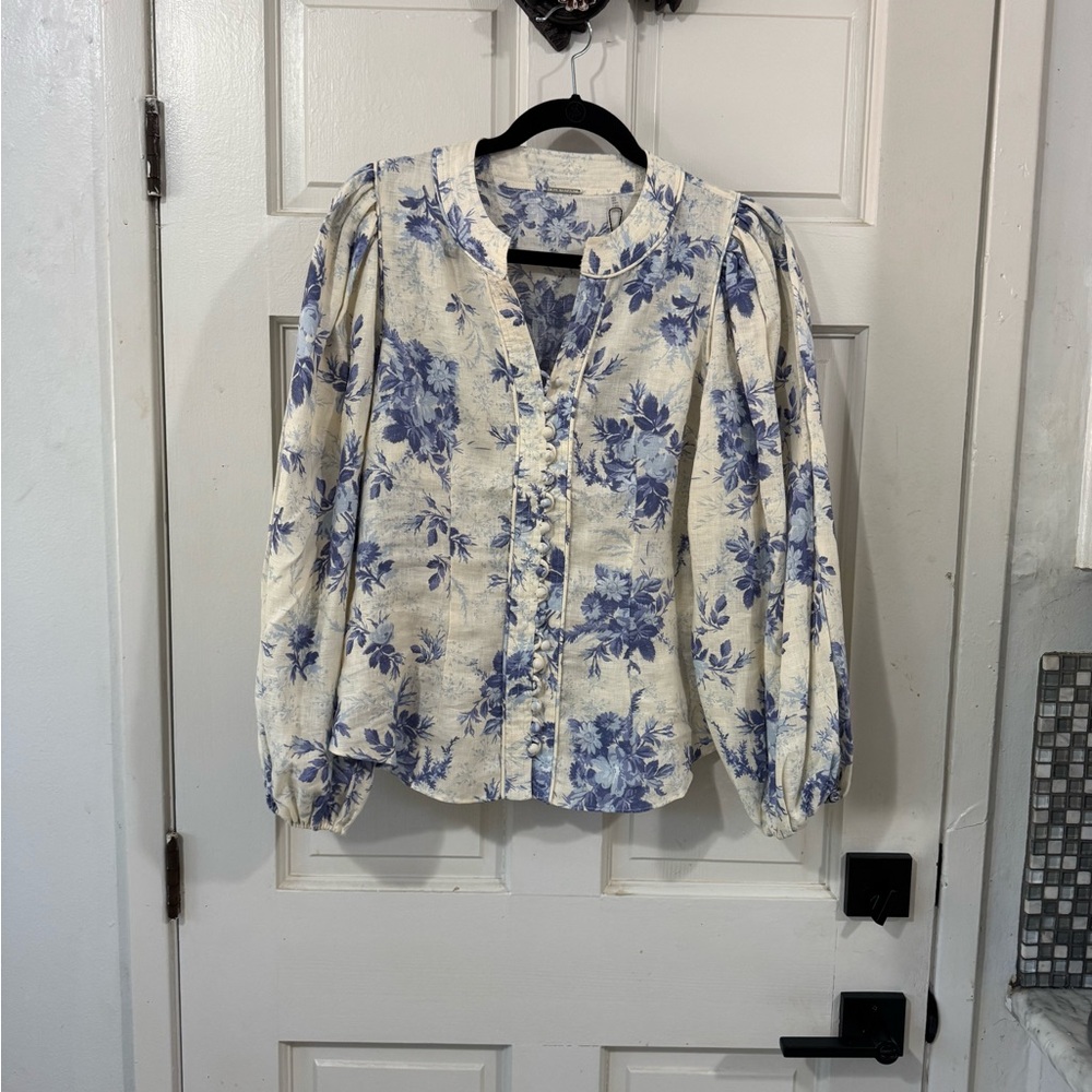 NWT Elie Tahari Floral Linen Balloon Sleeve Blouse